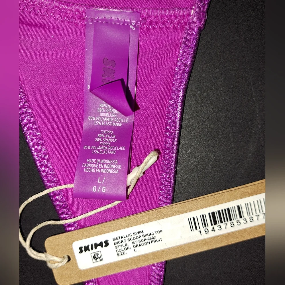 NWT SKIMS 3 Pc SET Metallic Swim Tie Bottoms Bikini Top Shorts DRAGONFRUIT L XL
